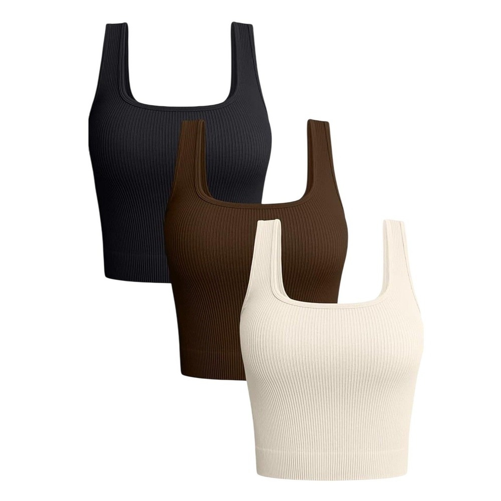 OQQ Ribbed Knit Tank Top Women Small 3 Pack Black Brown Cream Cropped New